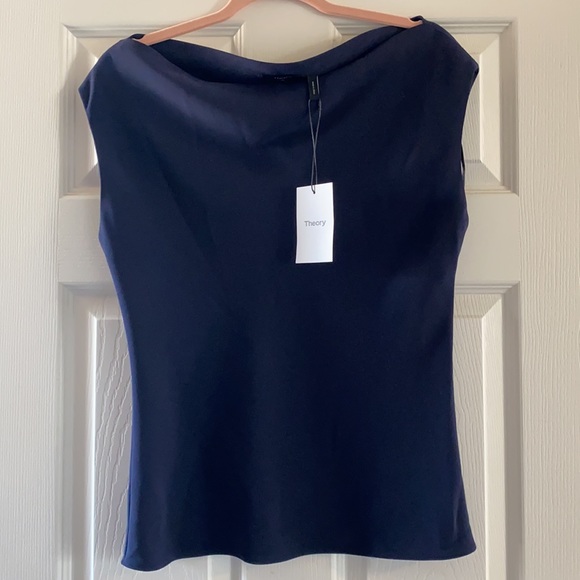 NWT Theory Navy Boatneck Cap Sleeve Blouse Tank - Picture 2 of 9